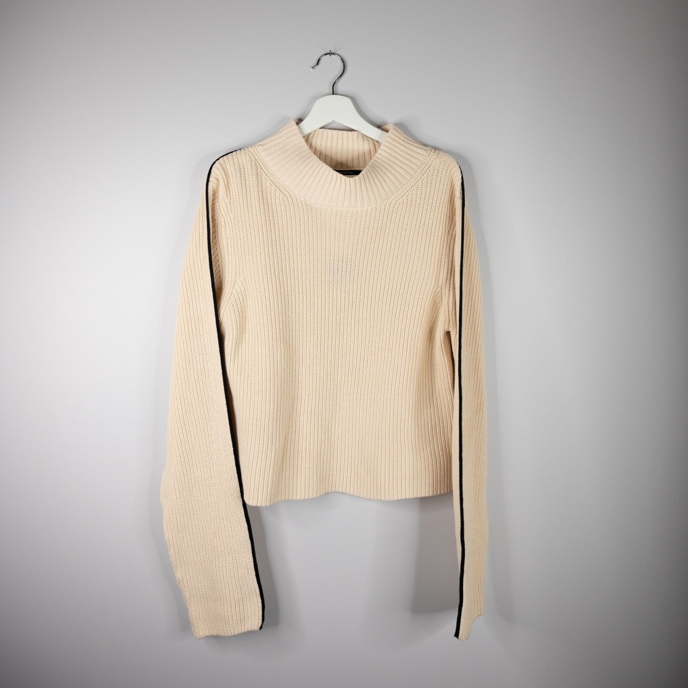 French Connection Sweater Womens Medium Beige New Ribbed Mock Neck Side Stripe‎